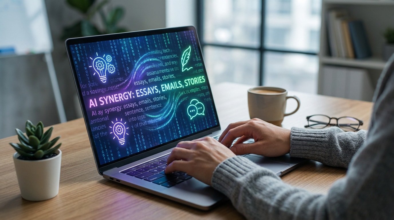 Person types on laptop displaying "AI SYNERGY: ESSAYS, EMAILS, STORIES" with creative icons on a digital background.