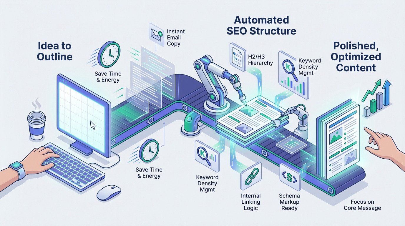 Automated content creation and SEO workflow diagram showing AI writing process
