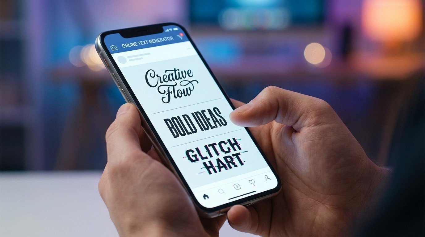 A person holds a smartphone displaying an 'Online Text Generator' app with stylized text options like 'Creative Flow', 'BOLD IDEAS', and 'GLITCH HART'.