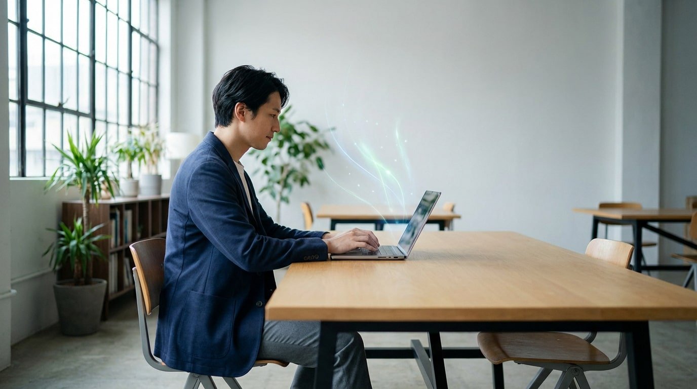 Man using a laptop in a modern office, glowing digital lines above the screen symbolize an automatic writing tool enhancing productivity.