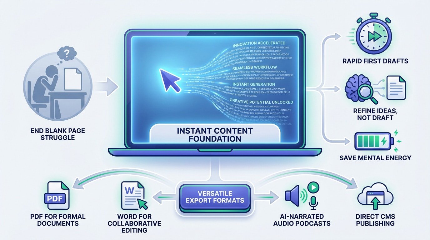 A digital workspace showing the transition from a blank draft to a polished exported document using AI tools