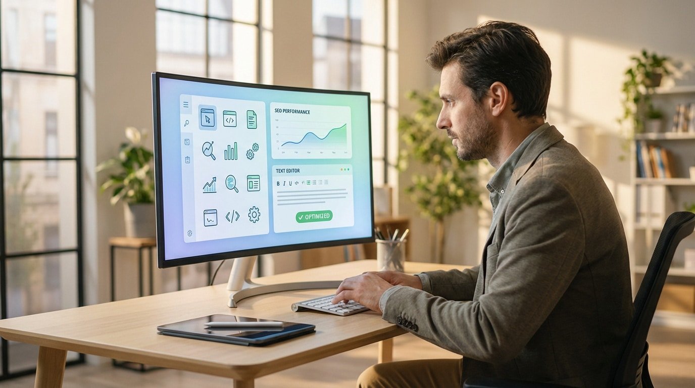 Man uses computer with web content optimization software showing SEO performance, text editor, and 'Optimized' status.
