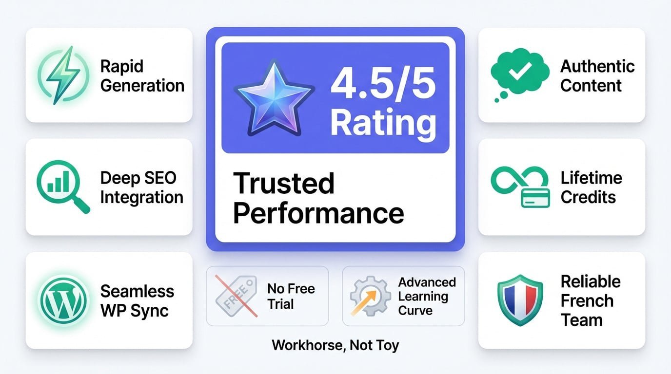 Wisewand performance dashboard showing SEO metrics and generation speed