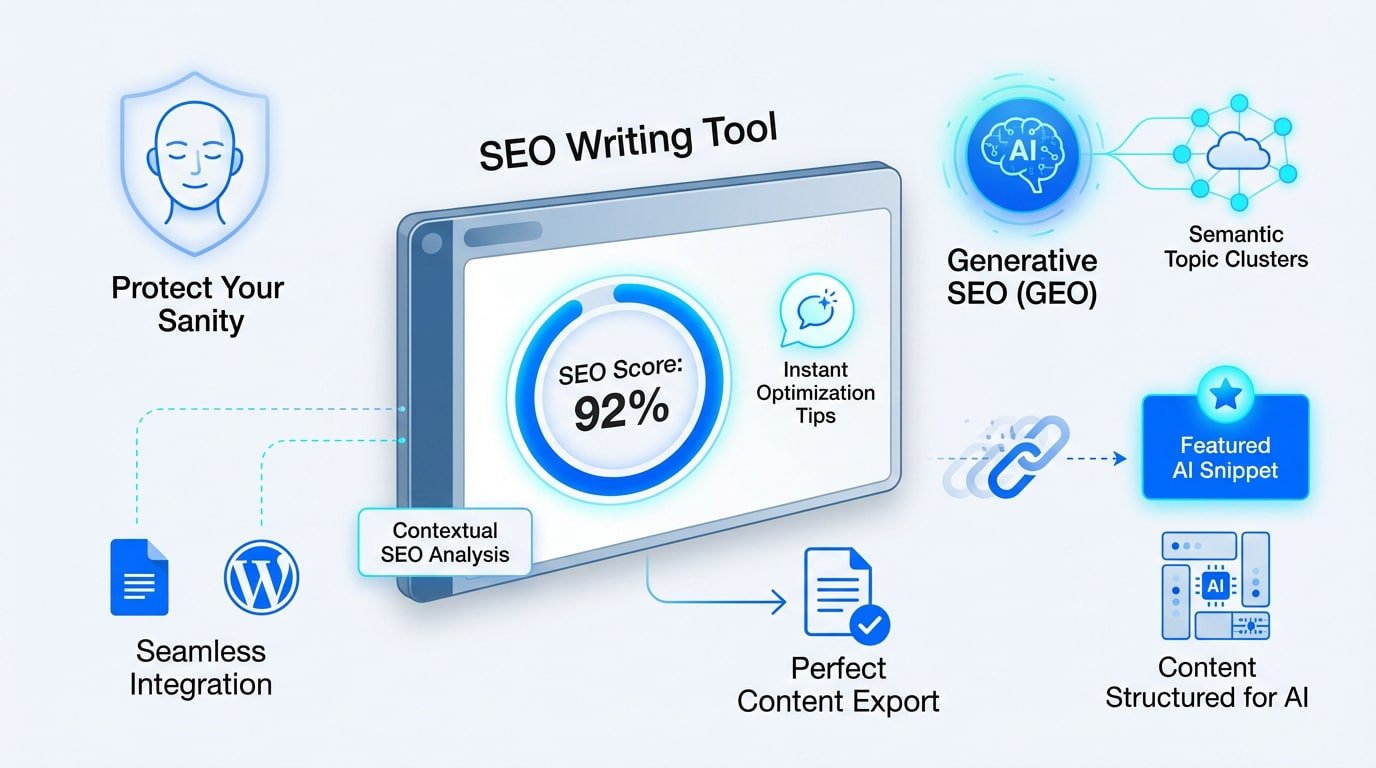 A professional using an SEO writing tool for content refining and workflow management.
