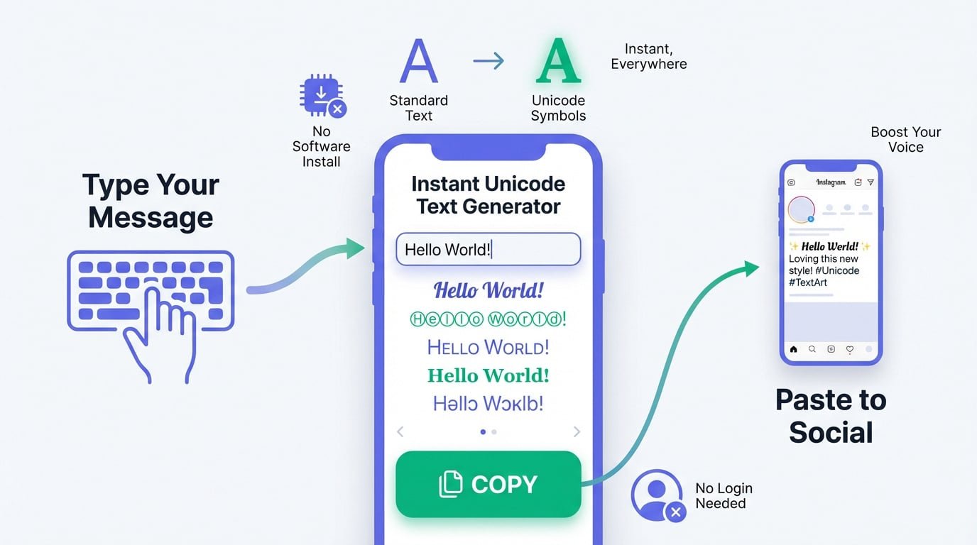 Illustration of an online text generator showing various font styles for social media