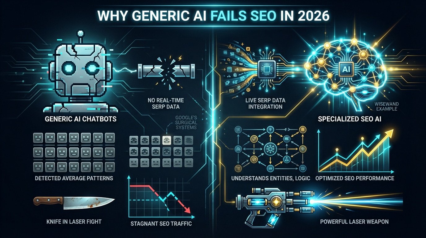 Comparison between generic AI assistants and specialized SEO writing platforms in 2026