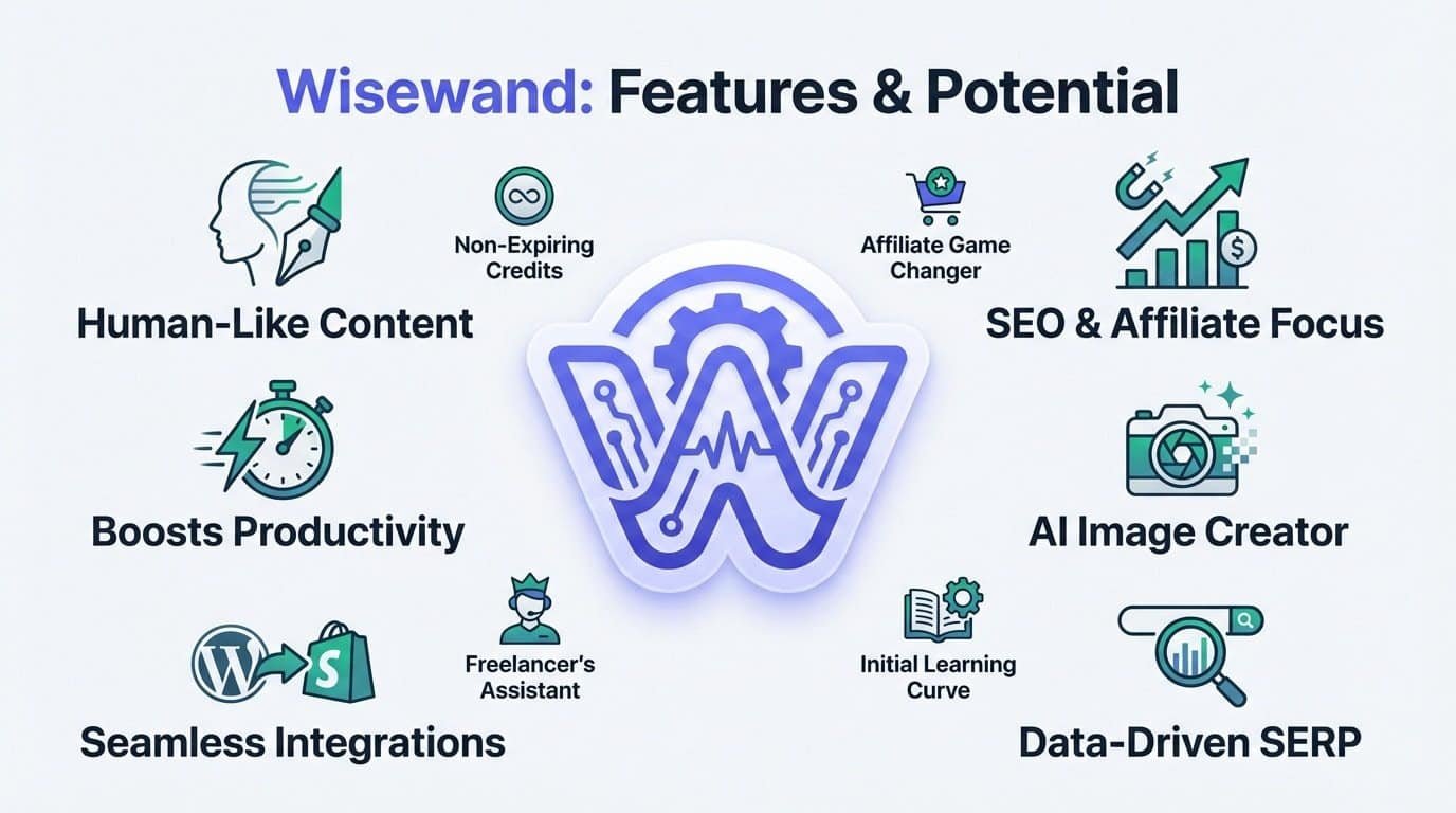 Infographic detailing Wisewand features for affiliate SEO and content automation