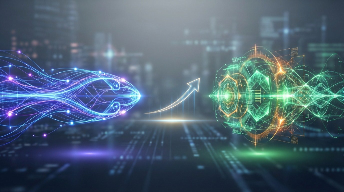 Two glowing digital entities, blue and green, representing AI tools, with an upward arrow signifying comparison and growth.