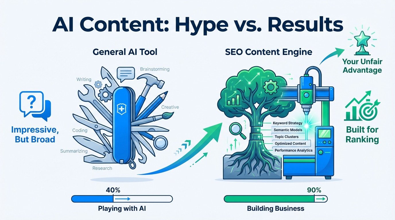 Comparison between general AI hype and professional business results for SEO content