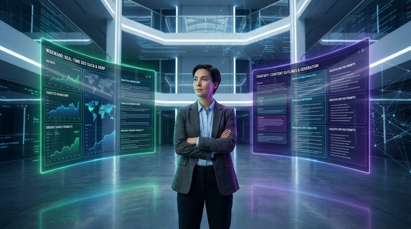 Woman comparing Wisewand's real-time SEO data (green screen) and ChatGPT's content generation (purple screen) in a futuristic office.
