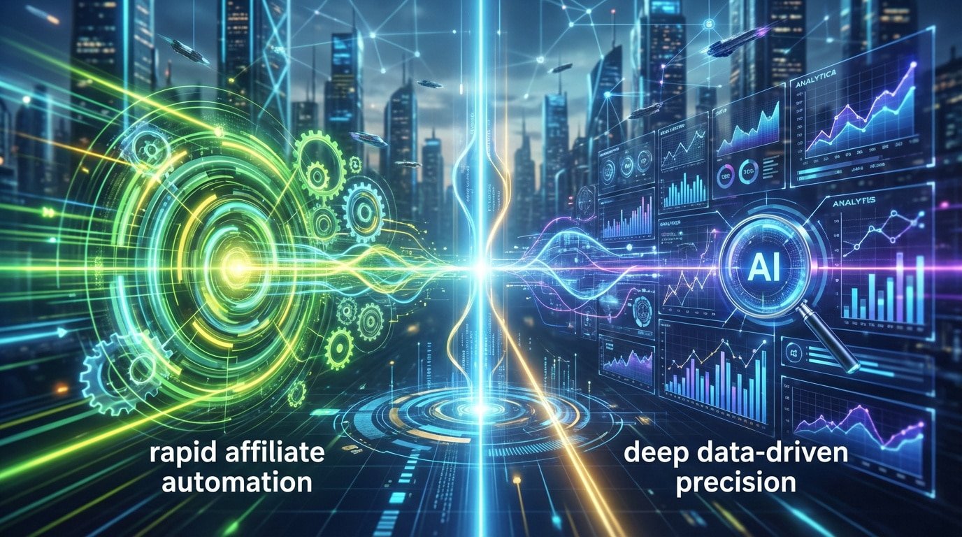 Futuristic digital comparison of rapid affiliate automation (left, green tech gears) vs deep data-driven AI precision (right, blue analytics charts) in a city.