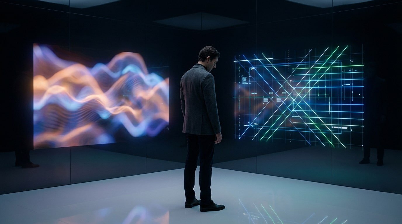 A man in a dark suit stands contemplating two large digital screens: one with flowing waves, one with intersecting grid lines.