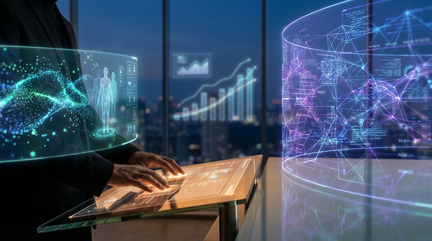 Hands interact with a futuristic, glowing data table surrounded by holographic screens displaying complex AI analytics and networks in a modern office.
