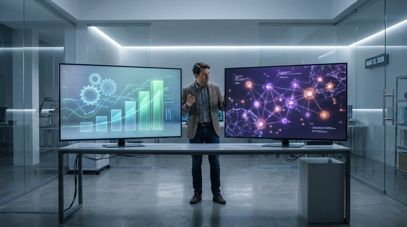 A man presents data and a neural network graph on two large screens in a modern office, with a digital clock showing 2026.