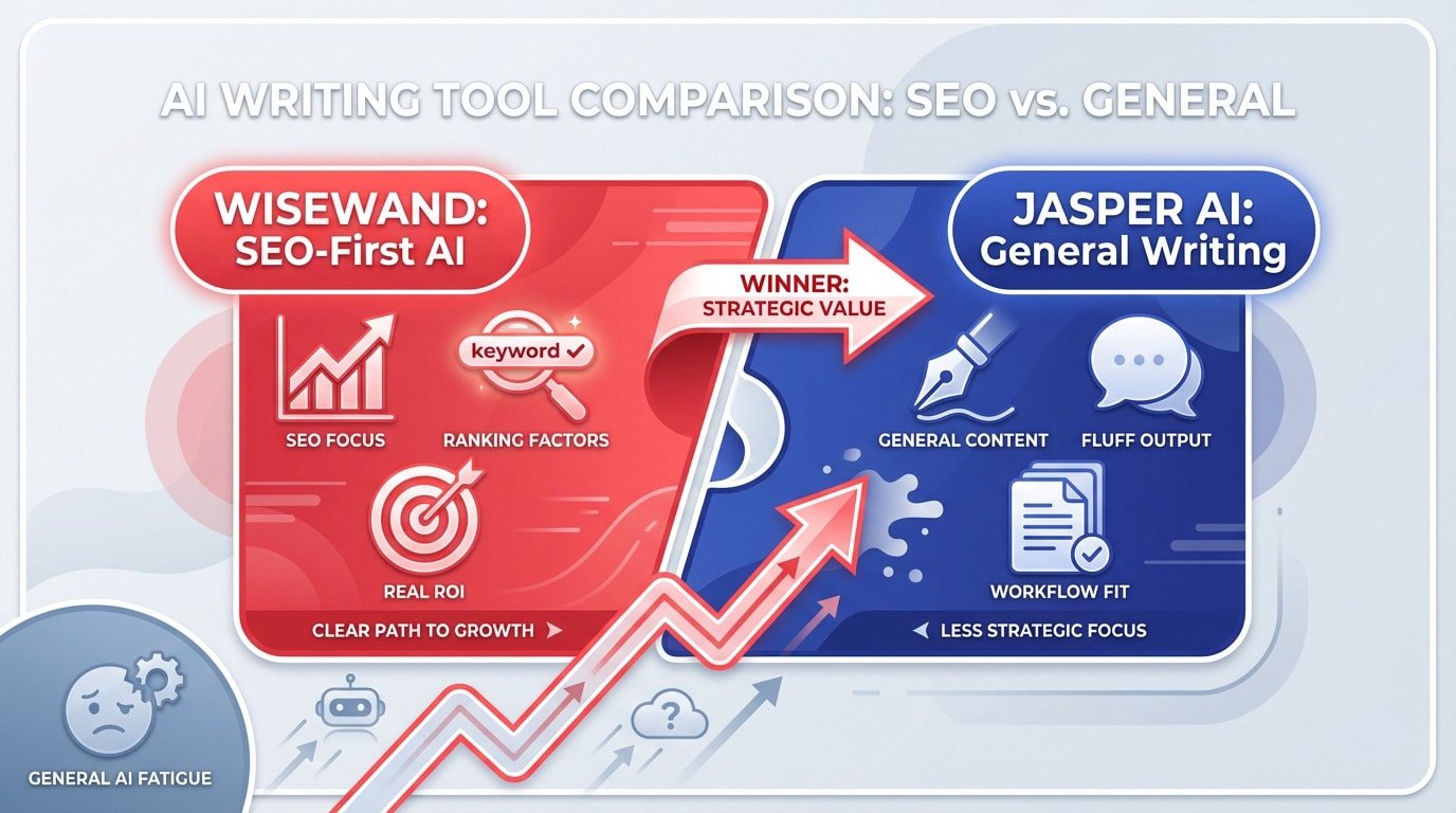 Comparison between Wisewand SEO focus and Jasper AI general marketing features